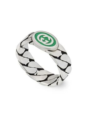 GUCCI Interlocking G Green Enamel Sterling Silver Ring - size US 7.25